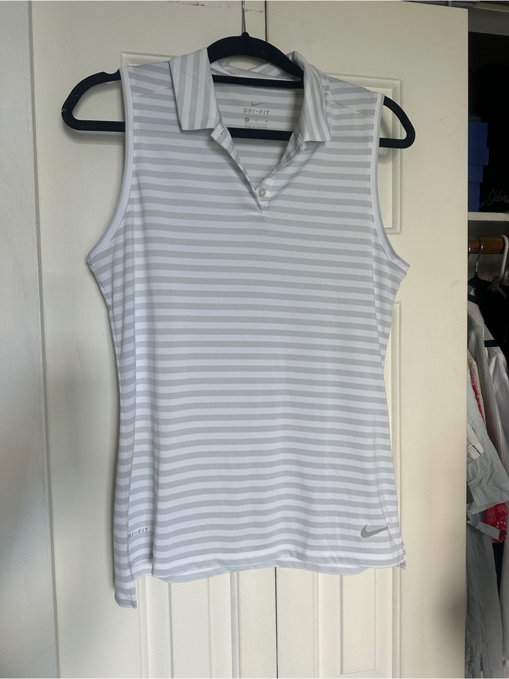 Nike White & Light Gray Striped Sleeveless Polo Tank